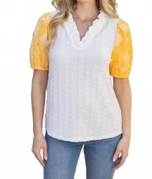 NEW VOY women's floral burn out organza puff sleeve top in yellow